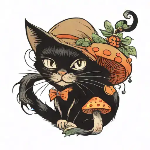 Black Cat With Mushroom Hat