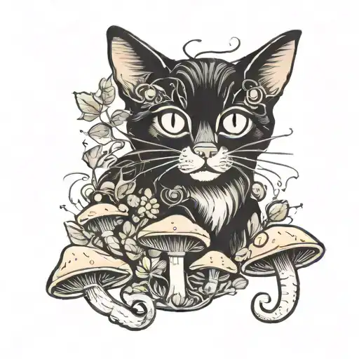 Black Cat With Mushrooms