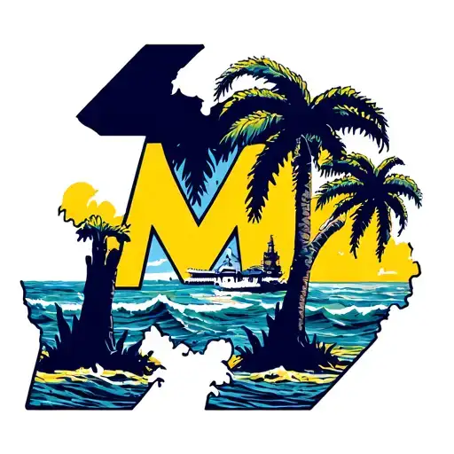 University Of Michigan Block M With Palm Trees And Ocean Around It