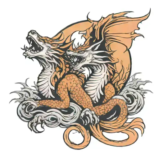 Dragon And Wolf Howling At The Moon