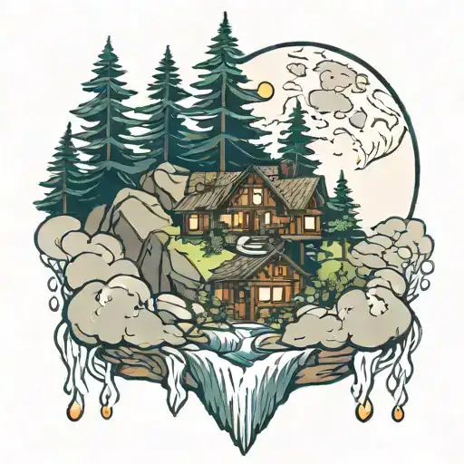 Mountains Trees Moon Waterfall House