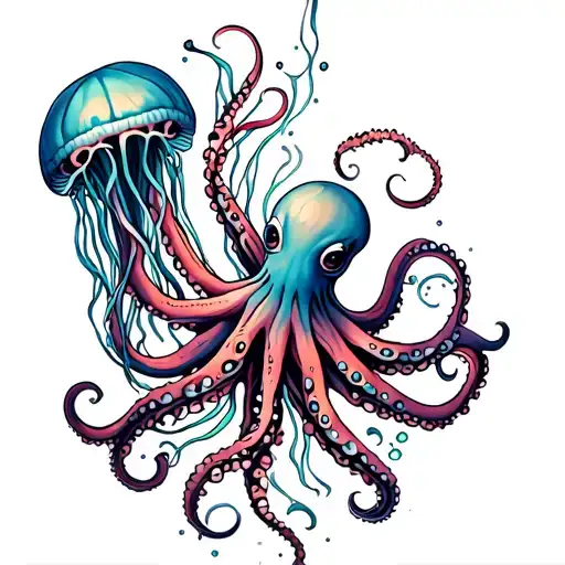 Octopus And Jellyfish Floating