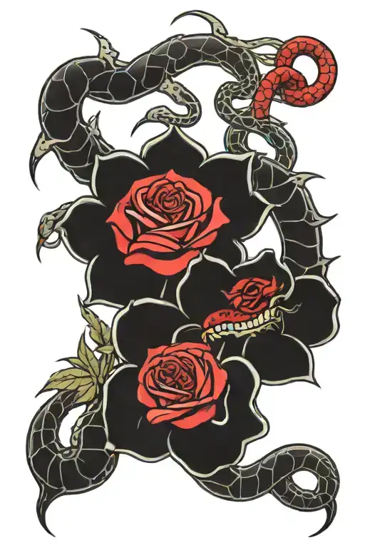2 Red Snakes Intertwined Into A Red Rose Out Thier Mouth