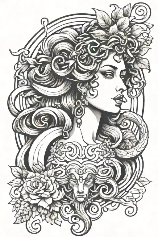 Medusa Feminine Greek Syle With Mitology Tattoo With Elements