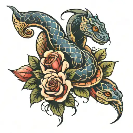 Spine Tattoo With Roses Snake And Cornflower