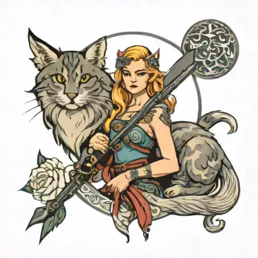 Freya Nordic Goddess With Sword In Hand And It's Two Cats In A Traditional Style