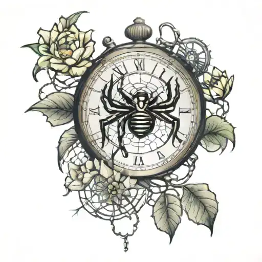 Spider Perched On A Spider Web With Lotus Flowers Around It And On One Side A Protected Pocket Watch