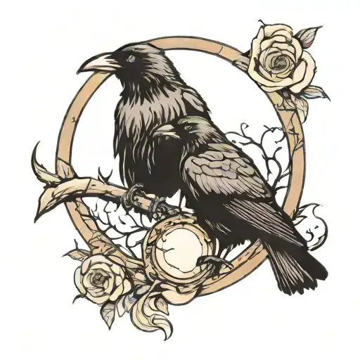 Two Crows A Mirror With An Eye Inside An Overlapping Moon