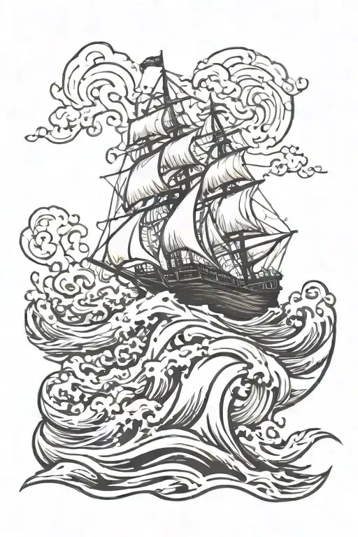 Wooden Ship On Fire Sailing Through Ocean Waves