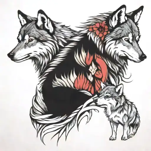 Tattoo Of A Mother Wolf Caring For Her Two Cubs