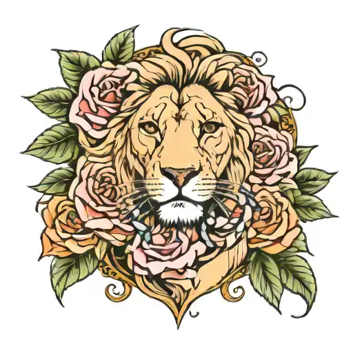 Lion With Roses Around And Snake