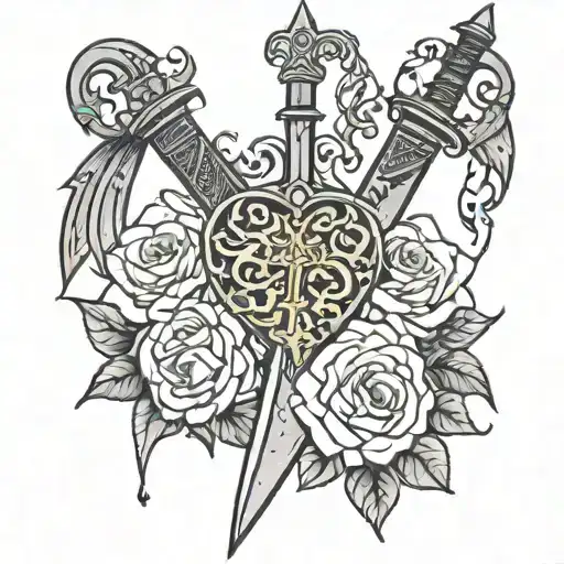 A Tattoo Design Of A Gothic Sword Which Is Being Used As A Scale To Balance A Heart And A Brain
