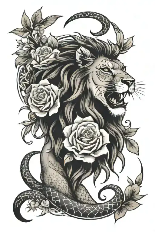 Lion With Roses Around And Snake On Buttock