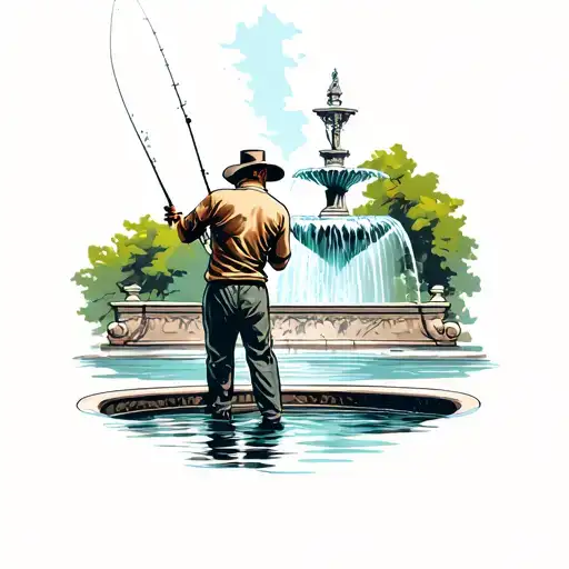 Man Fishing In The Forsyth Fountain In Savannah Ga