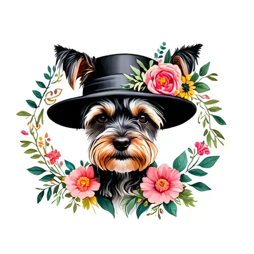 Risen Schnauszer's Dog In A Ladies' Hat Framed By Flowers