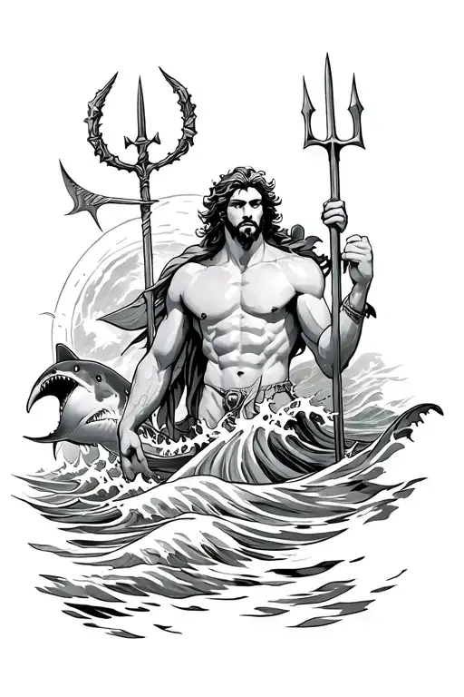 Poseidon In A Waves With A Trident And A Shark Behind Him Like A Greek God