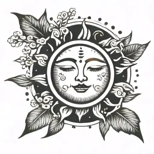 Sun With A Thin Outline With A Face With Closed Eyes And Hearts On The Cheeks Minimalistic