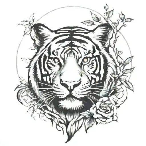 Half Tree Of Life And Half Tiger Face Black And White