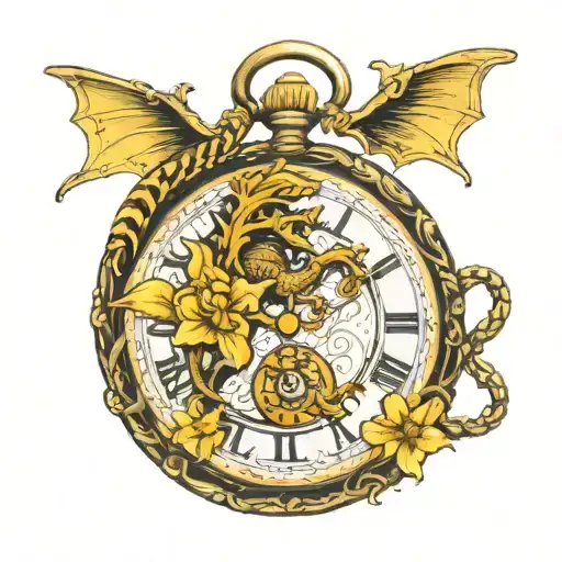 Golden Dragon And Yellow Daffodils Pocket Watch