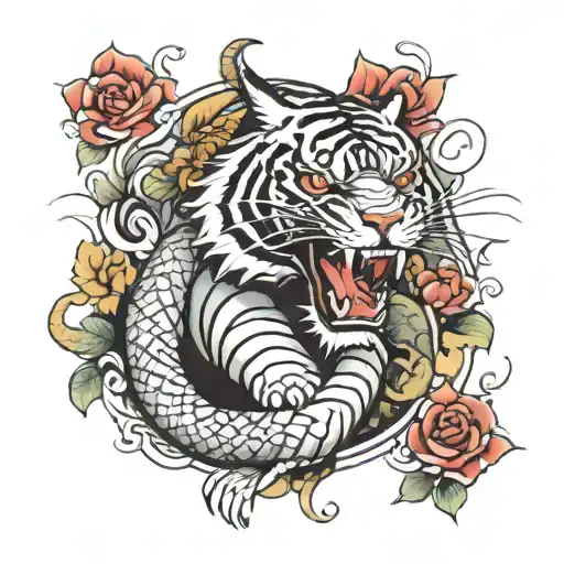 Dragon Fighting Tiger Tattoo With Red Flowers