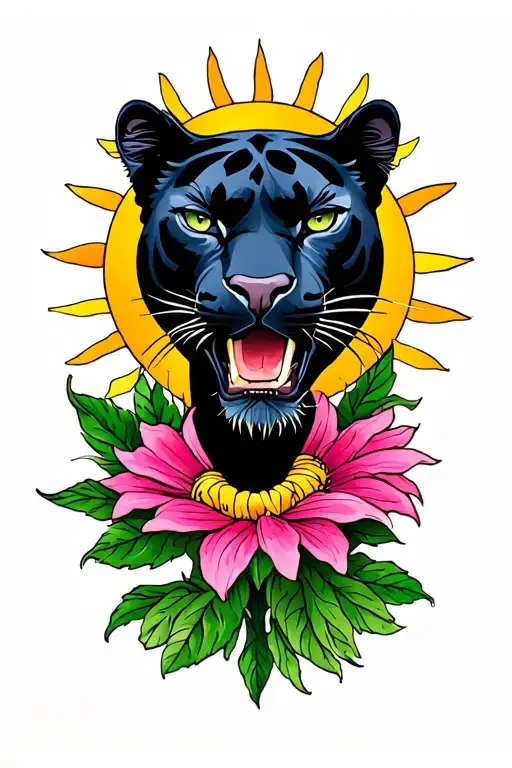 Panther With Sun And Flower