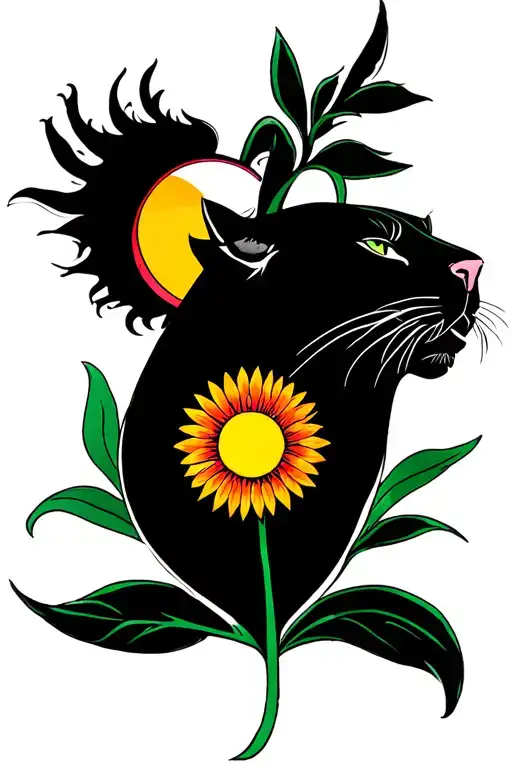 Panther Profile With Sun And Flower Using 80'S Themed Colors