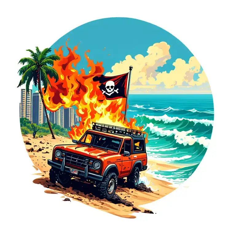 Bronco Vehicle Driving Away From City On Fire Toward Ocean Beach With Pirate Flag