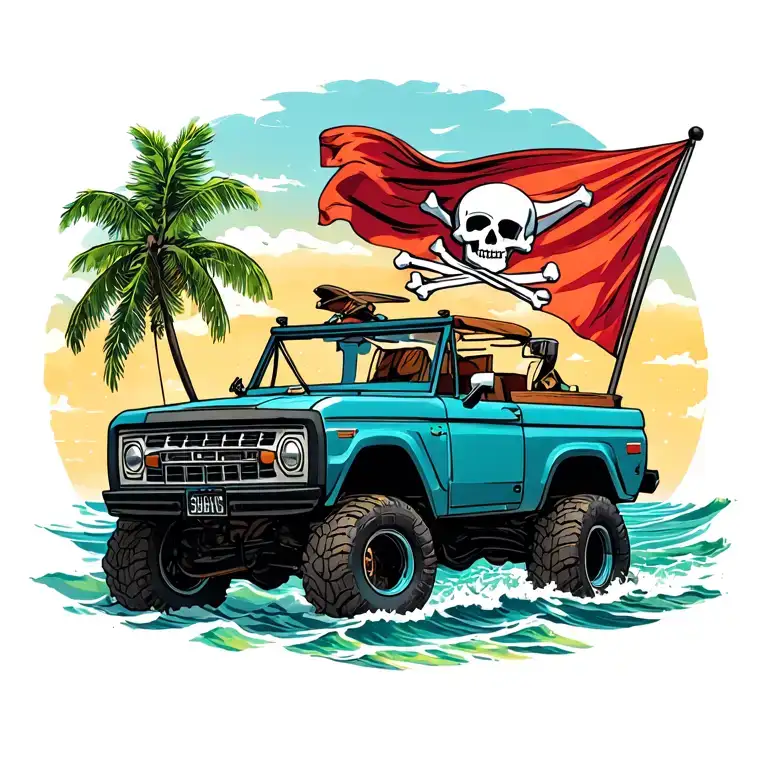 Back View With Top Down Bronco Vehicle Driving Toward Ocean With Pirate Flag