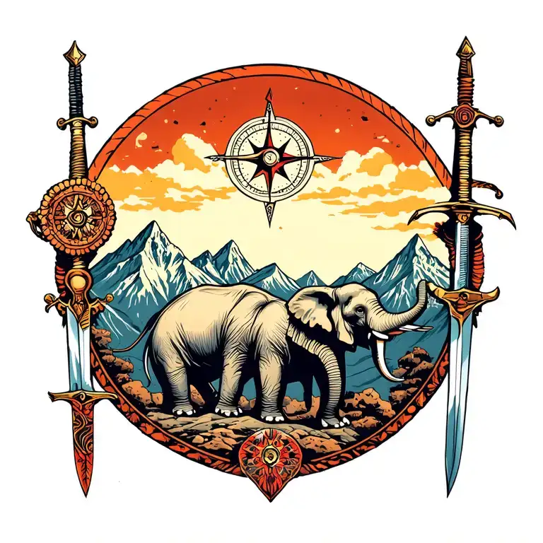 Elephants Going Over Mountain Range Also With A Compass And A Sword
