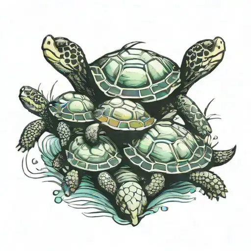 Mom Turtle And Three Baby Turtles Swimming Together