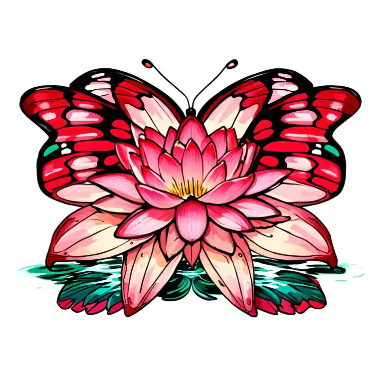 Red Butterfly With Water Lily