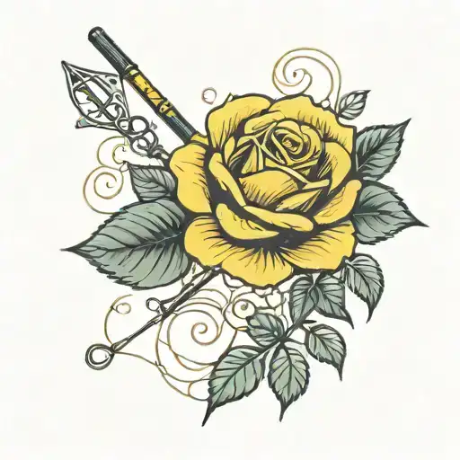 Harmonious Combination Of A Fishing Rod With A Yellow Rose Plant