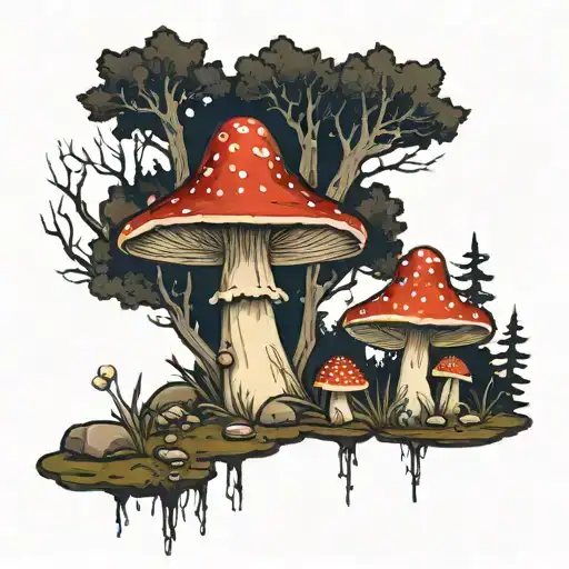 Toadstools On The Background Of The Forest At Night