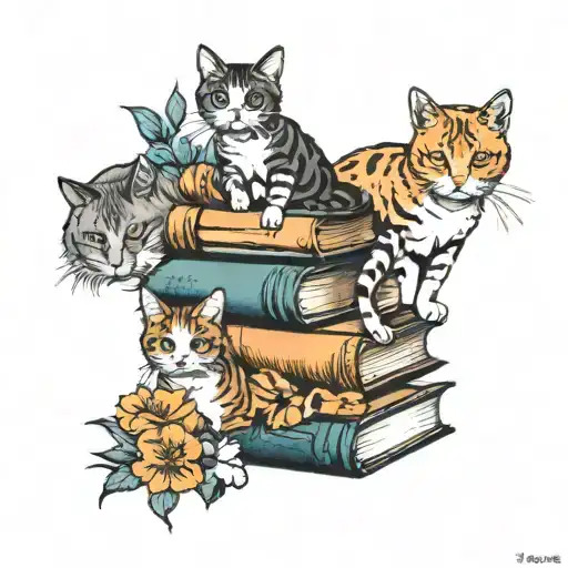 Stack Of Books With 3 Cats And California Poppies