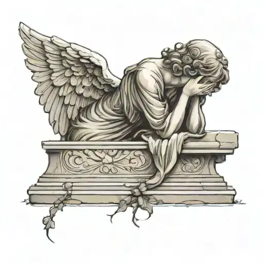 Weeping Sad Realistic Stone Angel Laying Over A Grave