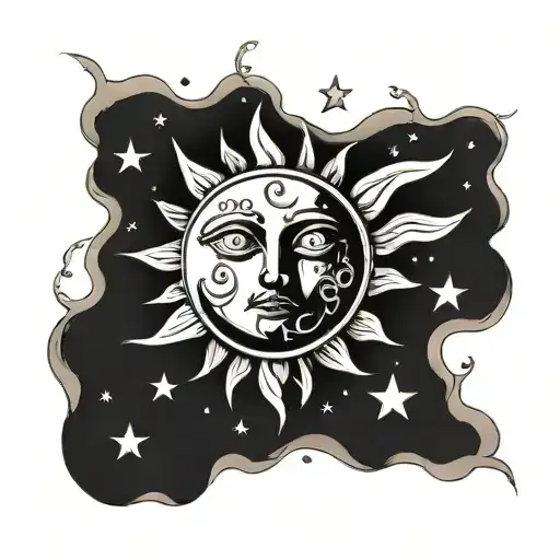 Sun With Sleepy Expression Surrounded By Stars And Date Of Birth