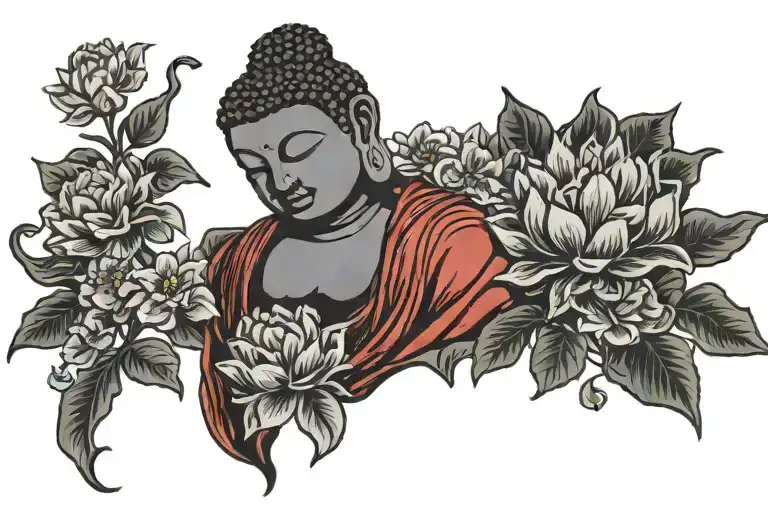 Silhouette Of Buddha In Red Robes Surrounded By Flowers