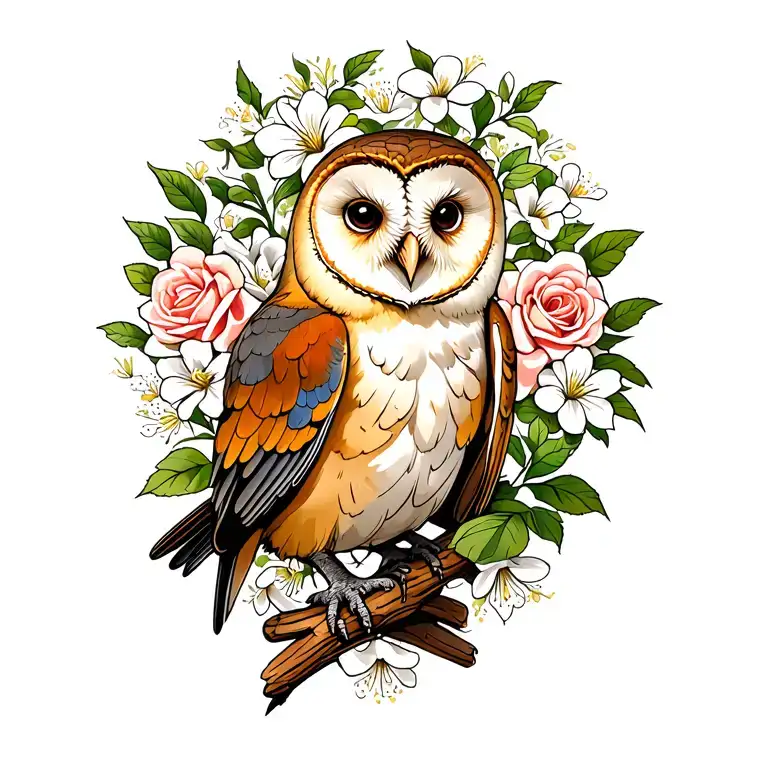 Barn Owl With Roses And White Jasmine Flowers Around It With A Robin Bird