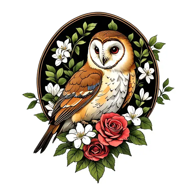 Barn Owl With Roses And White Jasmine Flowers Around It With A Robin Bird