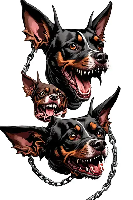 3 Demon Dog Heads With Chains And Fog