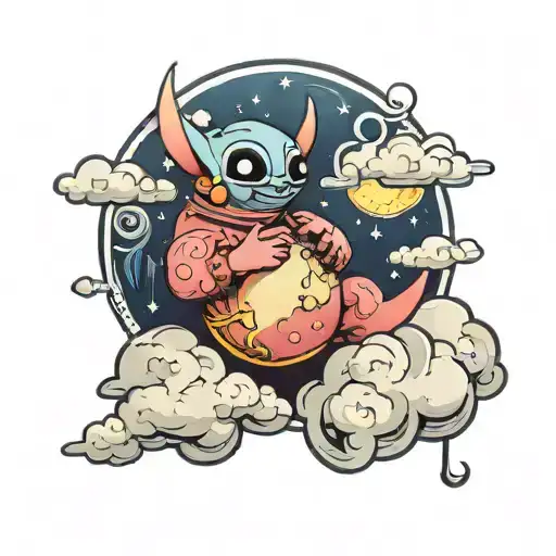 Clouds And A Moon With Stitch Holding