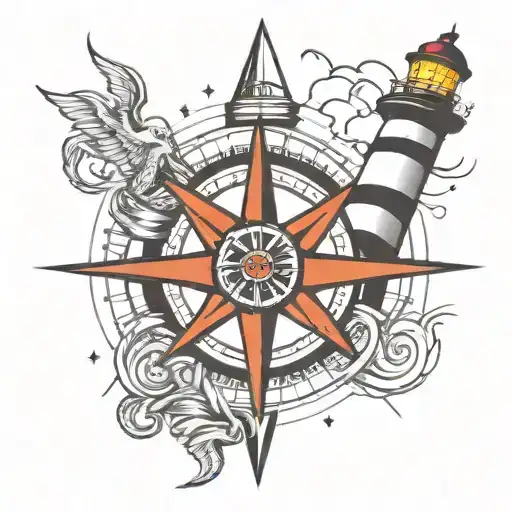 Compass Rose With A Lighthouse Above And An Anchor Below