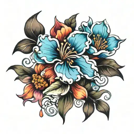 3 Flower Design With Complimenting Colors In A Water Color Style