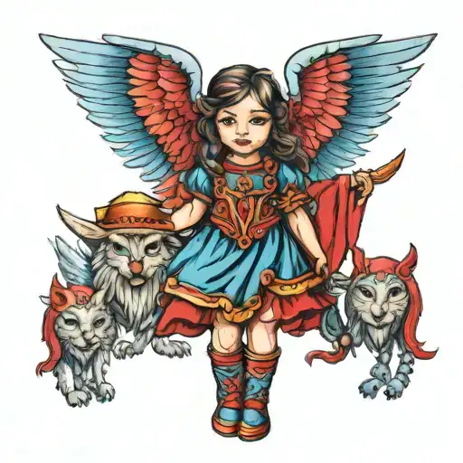 Little Girl With Red Warrior And Blue Angel