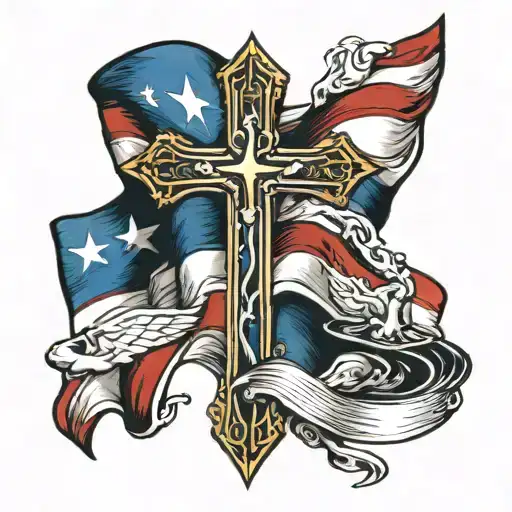 Christian Cross In The Foreground And Puerto Rican Flag