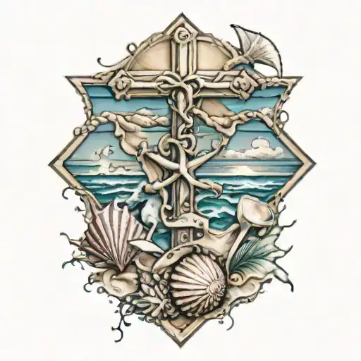 A Realistic Tattoo Of A Beach Scene With Seashells Arranged To Form A Christian Cross