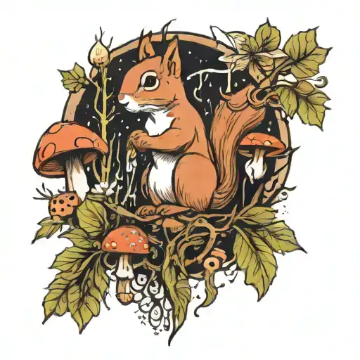 A Squirrel Navigating Through A Dense Forest Filled With Mushrooms And Rivers