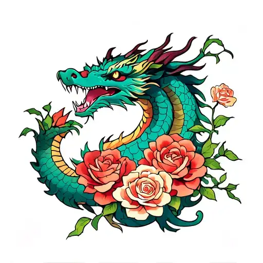 Japanese Dragon With Roses Growing Together