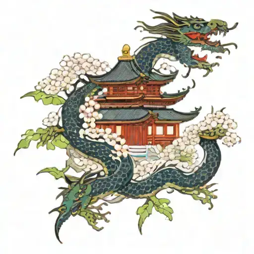 Japanese Temple Surrounded By Dragon Wrapped And Blossom Tree