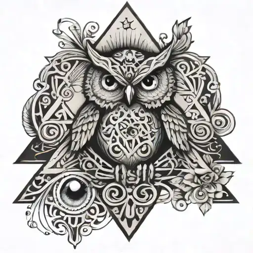 Filigree All Seeing Eye Pyramid Owl In Background